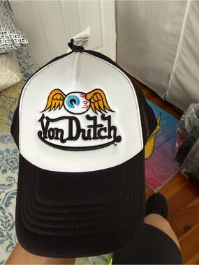 Von Dutch White Front Black Trucker Cap with Winged Eyeball Patch